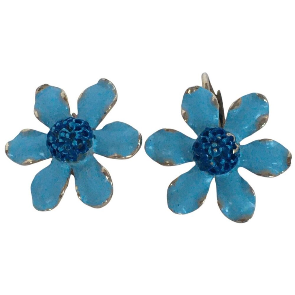 Signed Weiss Vintage Clip On Earrings Enamel Flowers Vintage Gold Tone Lt Blue - Picture 1 of 10